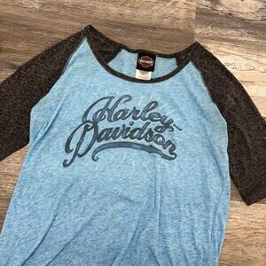 Harley Davidson Blue Gray Women L Andreas 3/4 Raglan Spellout Logo Biker T-Shirt